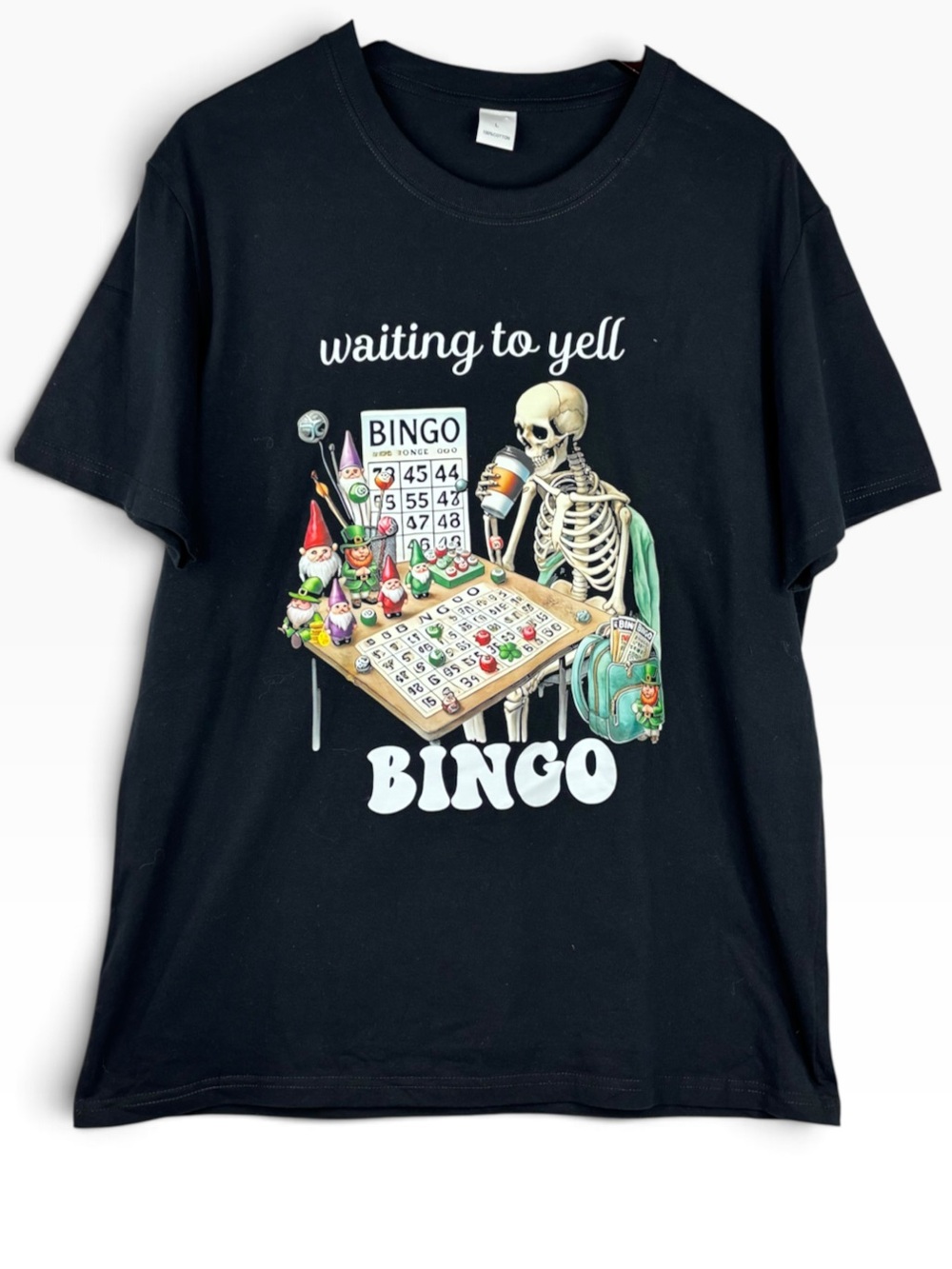 Black & Waiting To Yell Bingo Skeleton Graphic Cotton Crew Neck Novelty Tee L
